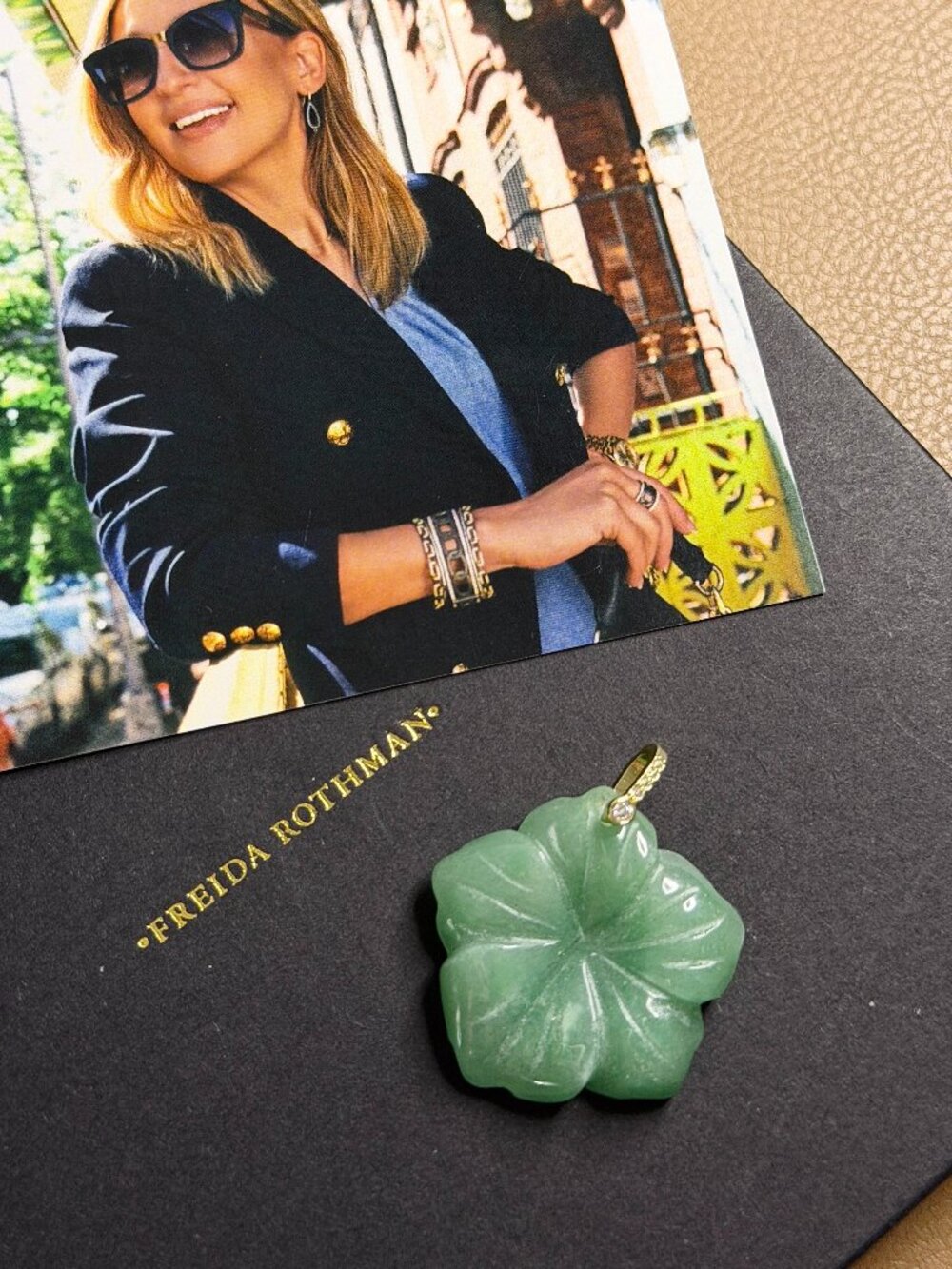 FREIDA ROTHMAN VAULT - Green Jade Flower Pendant Necklace Quartz Floral Charm